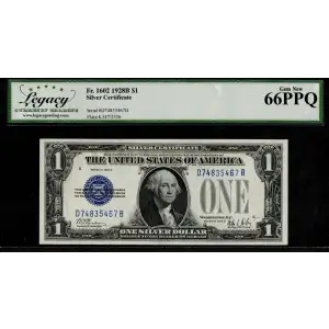 $1 1928-B blue seal. Small Silver Certificates 1602 (2)