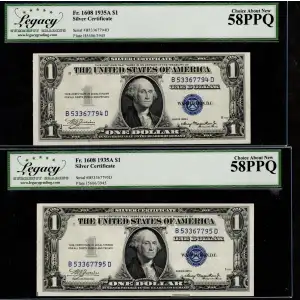 $1 1935-A blue seal. Small Silver Certificates 1608