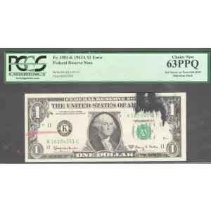 $1 1963-A. Green seal. Small Size $1 Federal Reserve Notes 1901-K