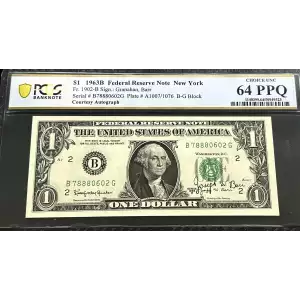 $1 1963-B FRN = AUTOGRAPH: JOSEPH W. BARR = PCGS Choice Unc 64PPQ  