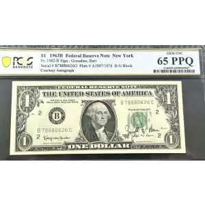 $1 1963-B FRN = AUTOGRAPH: JOSEPH W. BARR = PCGS Gem Unc 65PPQ 