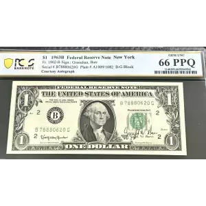 $1 1963-B FRN = AUTOGRAPH: JOSEPH W. BARR = PCGS Gem Unc 66PPQ