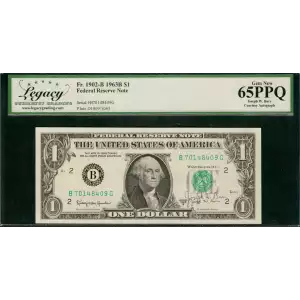 $1 1963-B. Green seal. Small Size $1 Federal Reserve Notes 1902-B