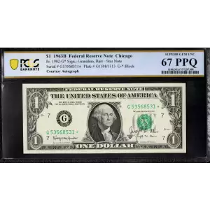 $1 1963-B. Green seal. Small Size $1 Federal Reserve Notes 1902-G*