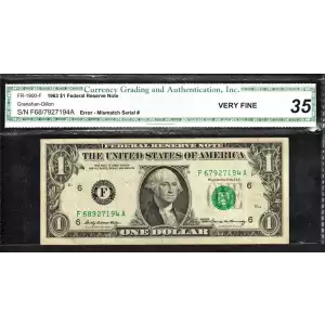 $1 1963 Green seal. Small Size $1 Federal Reserve Notes 1900-F