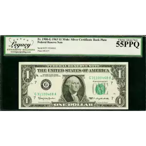 $1 1963 Green seal. Small Size $1 Federal Reserve Notes 1900-G