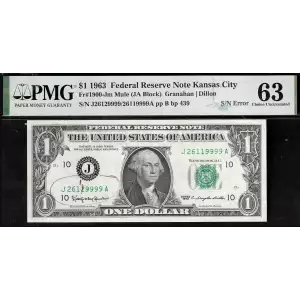 $1 1963 Green seal. Small Size $1 Federal Reserve Notes 1900-J
