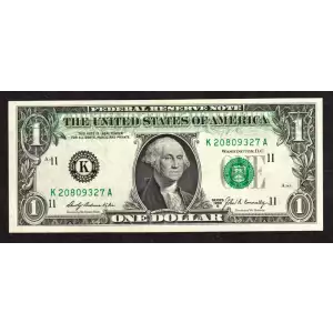 $1 1969-B. Green seal. Small Size $1 Federal Reserve Notes 1905-K