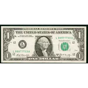 $1 1969-B. Green seal. Small Size $1 Federal Reserve Notes 1905-L