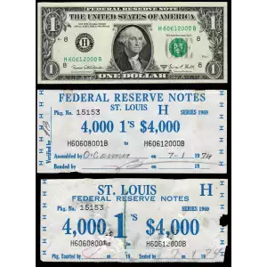 $1 1969 BEP Currency Label Set : First + Last Note with BEP Brick Label Gem