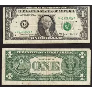 $1 1969-D. Green seal. Small Size $1 Federal Reserve Notes 1907-G