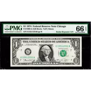 $1 1974 Green seal. Small Size $1 Federal Reserve Notes 1908-G