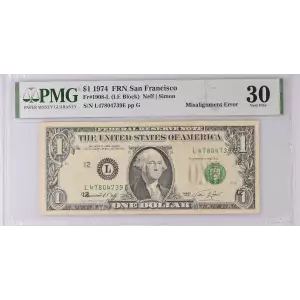 $1 1974 Green seal. Small Size $1 Federal Reserve Notes 1908-L