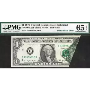 $1 1977 Green seal. Small Size $1 Federal Reserve Notes 1909-E