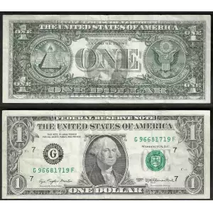 $1 1977 Green seal. Small Size $1 Federal Reserve Notes 1909-G