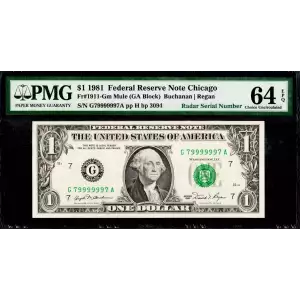 $1 1981 Green seal. Small Size $1 Federal Reserve Notes 1911-G