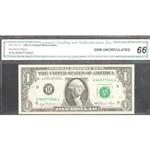 $1 1981 Green seal. Small Size $1 Federal Reserve Notes 1911-H