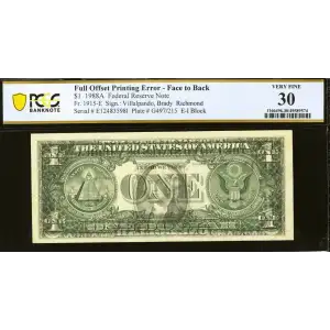 $1 1988-A. Green seal. Small Size $1 Federal Reserve Notes 1915-E