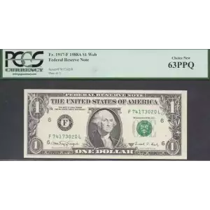 $1 1988-A. Green seal. Small Size $1 Federal Reserve Notes 1917-F