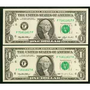 $1 1993 Green seal. Small Size $1 Federal Reserve Notes 1918-F