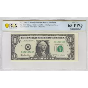 $1 1995 Green seal. Small Size $1 Federal Reserve Notes 1921-D