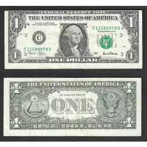 $1 2001 Green seal. Small Size $1 Federal Reserve Notes 1926-C