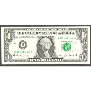 $1 2001 Green seal. Small Size $1 Federal Reserve Notes 1926-D