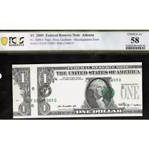 $1 2009 Green seal. Small Size $1 Federal Reserve Notes 3000-F