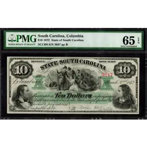 $10 1872 STATE OF SOUTH CAROLINA, Columbia REVENUE BOND SCRIP PMG Gem 65EPQ