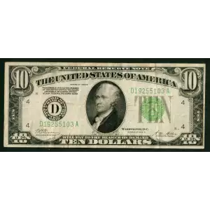 $10 1928-B. Exists with both light and dark Green seals Small Size $10 Federal Reserve Notes 2002-D