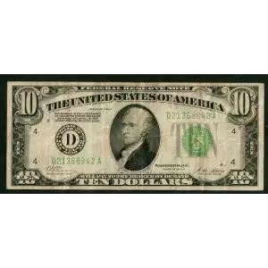 $10 1928-B. Exists with both light and dark Green seals Small Size $10 Federal Reserve Notes 2002-D