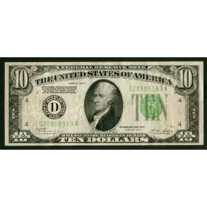 $10 1928-B. Exists with both light and dark Green seals Small Size $10 Federal Reserve Notes 2002-D