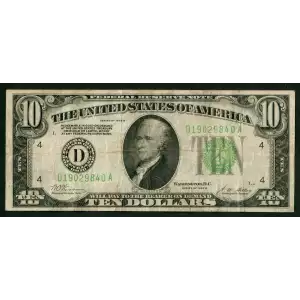 $10 1928-B. Exists with both light and dark Green seals Small Size $10 Federal Reserve Notes 2002-D (2)