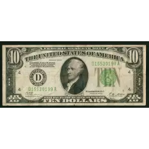 $10 1928-B. Exists with both light and dark Green seals Small Size $10 Federal Reserve Notes 2002-D