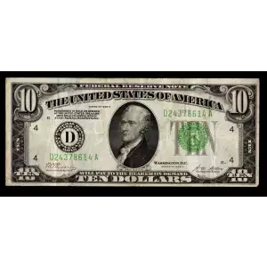 $10 1928-B. Exists with both light and dark Green seals Small Size $10 Federal Reserve Notes 2002-D