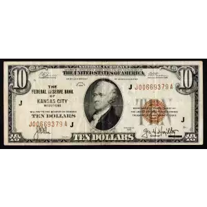 $10 1929 brown seal Small Federal Reserve Bank Notes 1860-J