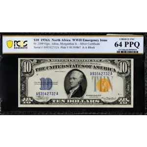 $10 1934-A yellow seal Emergency Notes Issued During WW2 2309