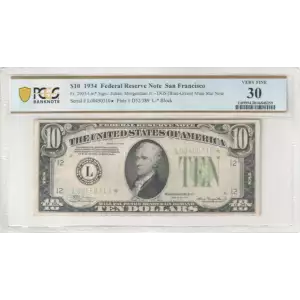 $10 1934 blue-Green seal. Small Size $10 Federal Reserve Notes 2005-Lm*