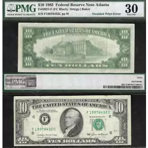 $10 1985 Treasury seal. Small Size $10 Federal Reserve Notes 2027-F