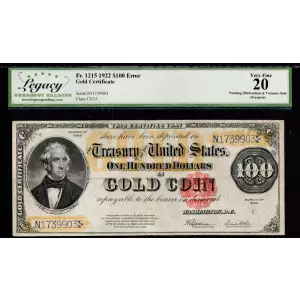 $100 1922 Small Red Gold Certificates 1215