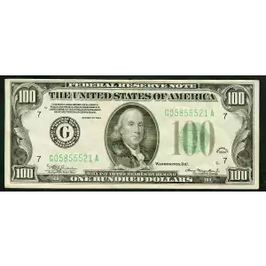 $100 1934 light Green seal. Small Size $100 Federal Reserve Notes 2152-G