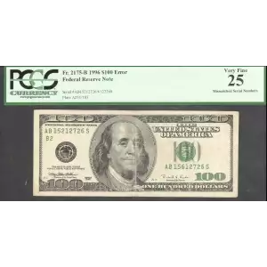 $100 1996  Small Size $100 Federal Reserve Notes 2175-B