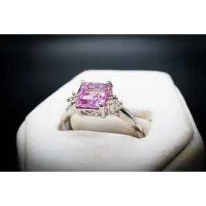 10k White Gold   Natural Diamond and Created Pink Sapphire Ring