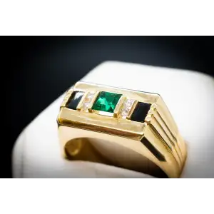 10k Yellow Gold Mens Man's Ring with Diamonds, Onyx, and Created Emerald Square