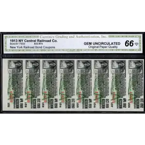 1913 New York Central Railroad Co. Bond Coupons – Uncut Strip of 8 - $22.50 CGA Gem Unc 66 OPQ