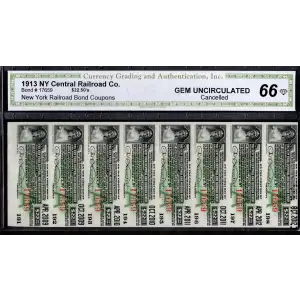 1913 New York Central Railroad Co. Bond Coupons – Uncut Strip of 8 - $22.50 CGA Gem Unc 66 OPQ (2)