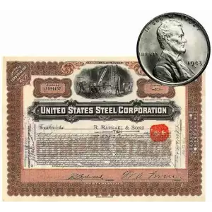 1943 Steel Lincoln Cent + US Steel Corporation Stock Certificate CHEAP + COOL