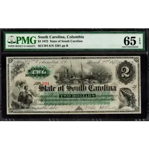 $2 1872 STATE OF SOUTH CAROLINA, Columbia REVENUE BOND SCRIP PMG Gem 65EPQ