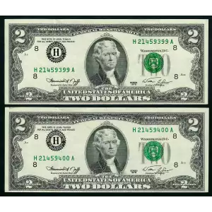 $2 1976 Green seal Small Size $2 Federal Reserve Notes 1935-H