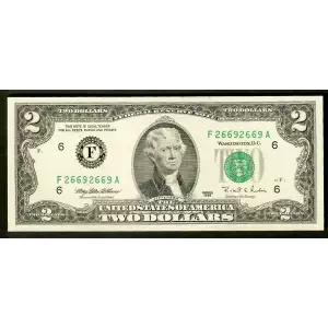 $2 1995 Green seal Small Size $2 Federal Reserve Notes 1936-F